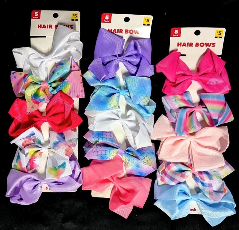 15 New Fabric Bow Hair Clips, 5" Across