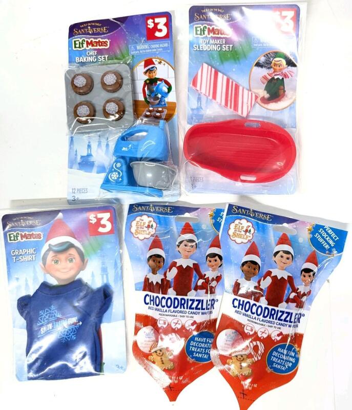 New Santaverse ElfMates ELF ON THE SHELF: Chef Baking Set, Toy Maker Sliding Set, Graphic T-Shirt & 2&times; Chocodrizzler Treat Decorating Kits 57g ea (No BB Date)