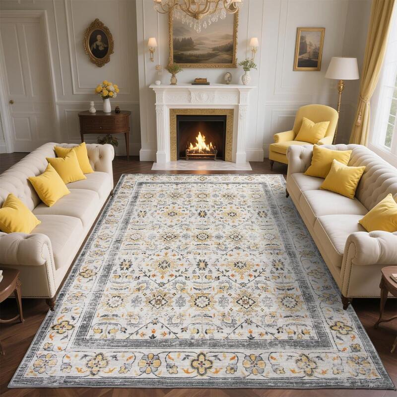 New Zentavio Area Rugs 6x9 Washable Non-Slip Kid & Pet Friendly Living Room Carpets Vintage Floral Foldable Thin Low Pile Rug for Bedroom Kitchen Dining Room Beige