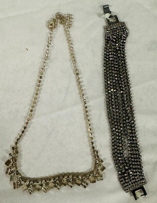 2 Pieces of Jewelry, Includes Cluster Necklace (Left) and Multi-Layer Rhinestone-Style Bracelet (Right)