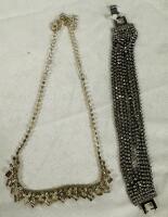 2 Pieces of Jewelry, Includes Cluster Necklace (Left) and Multi-Layer Rhinestone-Style Bracelet (Right)