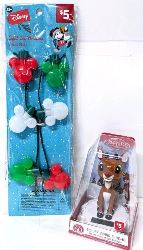 New MICKEY MOUSE Christmas Light-Up Necklace With 3 Different Light Modes & Batteries Included & RUDOLPH Solar Powered Bobble-Head 5"