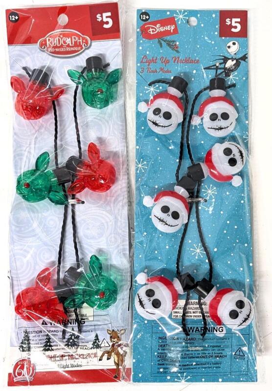2 New NIGHTMARES BEFORE CHRISTMAS + RUDOLPH Christmas Light-Up Necklaces With 3 Different Light Modes & Batteries Included