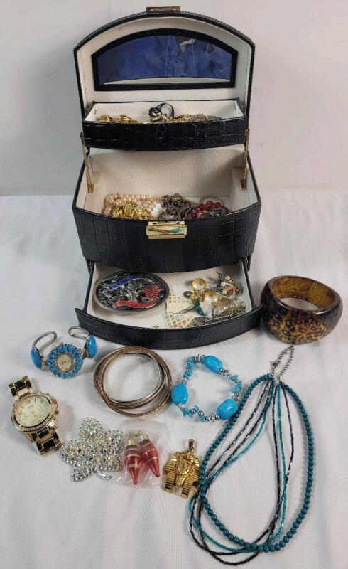 Vintage Men's & Women's Jewelry Lot w/Case . Includes 18k Gold Plated Pharaoh Pendant also Necklaces , Rings , Brooches , Watch , Bangles plus More - See photos