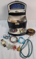 Vintage Men's & Women's Jewelry Lot w/Case . Includes 18k Gold Plated Pharaoh Pendant also Necklaces , Rings , Brooches , Watch , Bangles plus More - See photos