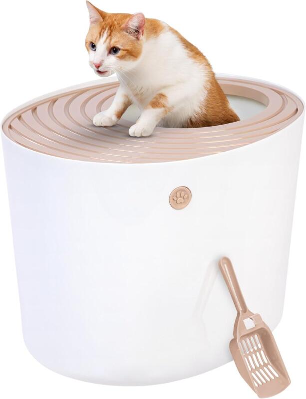 New IRIS USA Cat Litter Box, Large Top Entry with Litter Catching Lid and Scoop, Dog Proof, Cat Box Enclosure, Beige/White