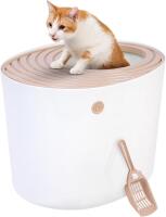 New IRIS USA Cat Litter Box, Large Top Entry with Litter Catching Lid and Scoop, Dog Proof, Cat Box Enclosure, Beige/White