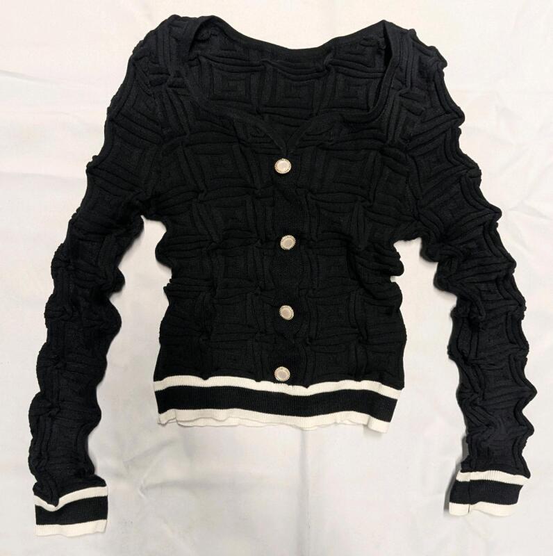 New: Size S Women's - Black With White Striped Cuffs Cardigan