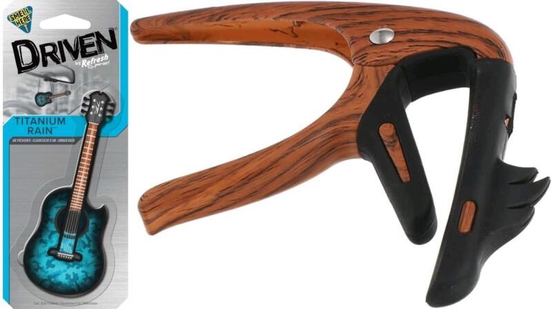 New Flamingo Metal Guitar Capo Wood for Acoustic and Electric Guitar Bass and Ukulele Removable Capos for 2 Colors With 3 Picks (Wood Color) & Refresh Driven Titanium Rain-Scented Guitar-Shaped Hangable Car Air Freshener 5" Long
