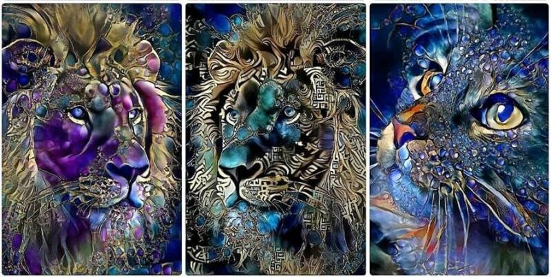 3 New 13" &times; 16" Abstract Lions & Cat DIAMOND PAINTING KITS, Full Canvas Coverage