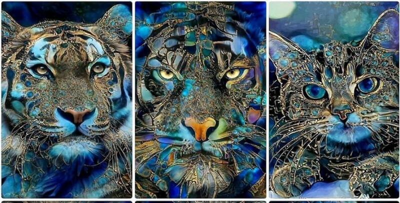 3 New 13" &times; 16" Abstract Tigers & Cat DIAMOND PAINTING KITS, Full Canvas Coverage
