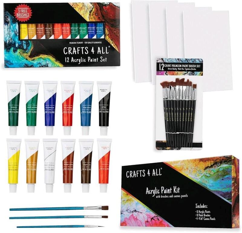 New Crafts For All ACRYLIC PAINT KIT, With 12 Paints, 12 Paint Brushes & 4&times; Canvas Panels 4" &times; 6"