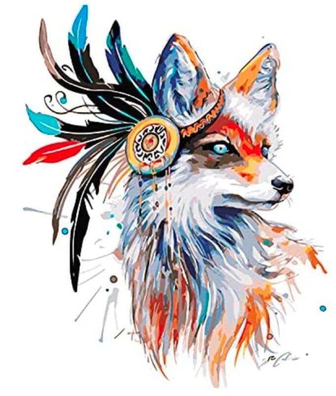 New Vudeco DIY Kit Easy Paint by Numbers for Adults and Kids Ages 8+, 8PC Oil Painting Kit with 1 Canvas / 1 Reference Paint / 3 Brushes / 1 Pigment Set / 2 Hangers - Feathered Fox 16" &times; 20"
