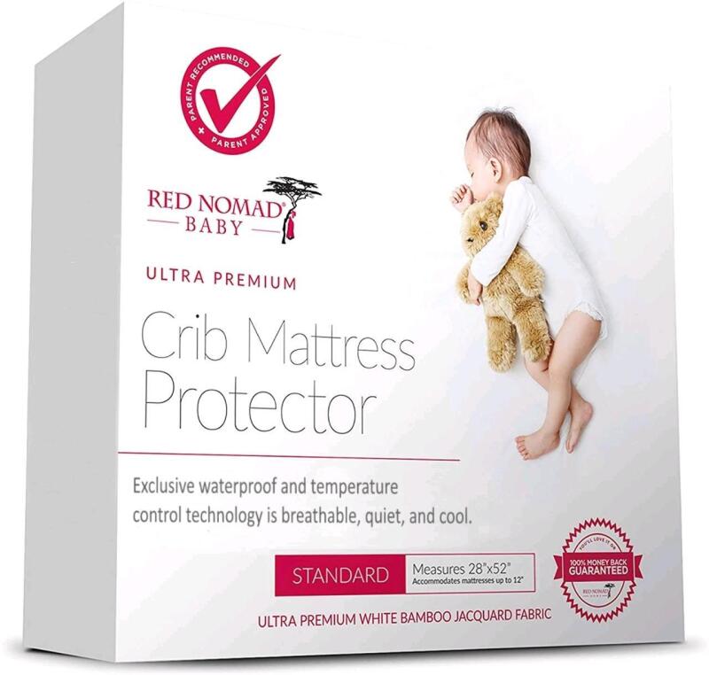 New Size: Standard, 28" &times; 52" Red Nomad Baby Ultra Premium CRIB MATTRESS PROTECTOR, White Bamboo Jacquard Fabric, Fits Mattresses Up To 12" Thick