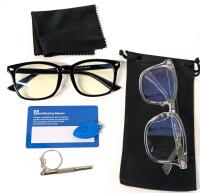 2 New Pairs Blue Light-Blocking Glasses To Fight Computer Eye Strain, Plastic Frames, Non-Prescription, With Bag, Cleaning Cloth, Screwdriver & Blue Light & Blue Light-Testing Card