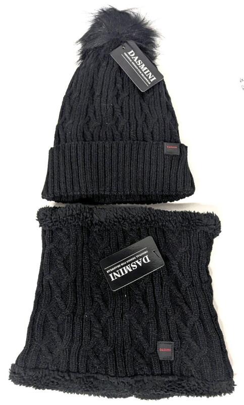 New O/S Adults Dasmini Warm Lined Knit Pom Pom Beanie Hat & Scarf Cuff