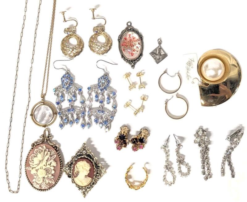 Assorted Vintage Earrings (Pierced & Clip-Ons), Chain, Necklace, Scarf Clip, Cameo Brooch & Pendants incl Silver-Filled Chapel Holy Spirit Dove Pendant, Chains Up To 22" Long