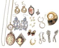Assorted Vintage Earrings (Pierced & Clip-Ons), Chain, Necklace, Scarf Clip, Cameo Brooch & Pendants incl Silver-Filled Chapel Holy Spirit Dove Pendant, Chains Up To 22" Long