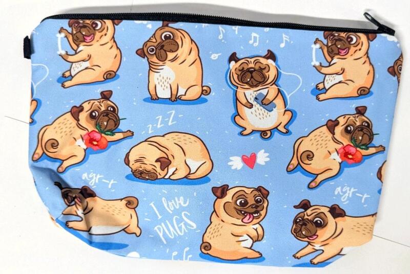 New I LOVE PUGS Adorable Cartoon Pug Zippered Pouch / Pencil / Makeup Case, 8.25" &times; 5.5"