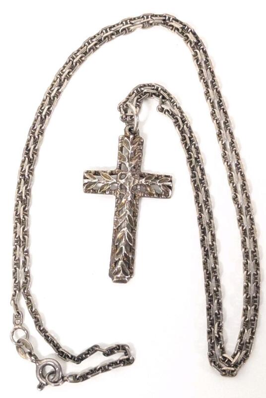 Gorgeous Old 1.25" Cross Pendant Stamped Sterling on20" Long Sterling Silver Stamped 925 Italy Chain