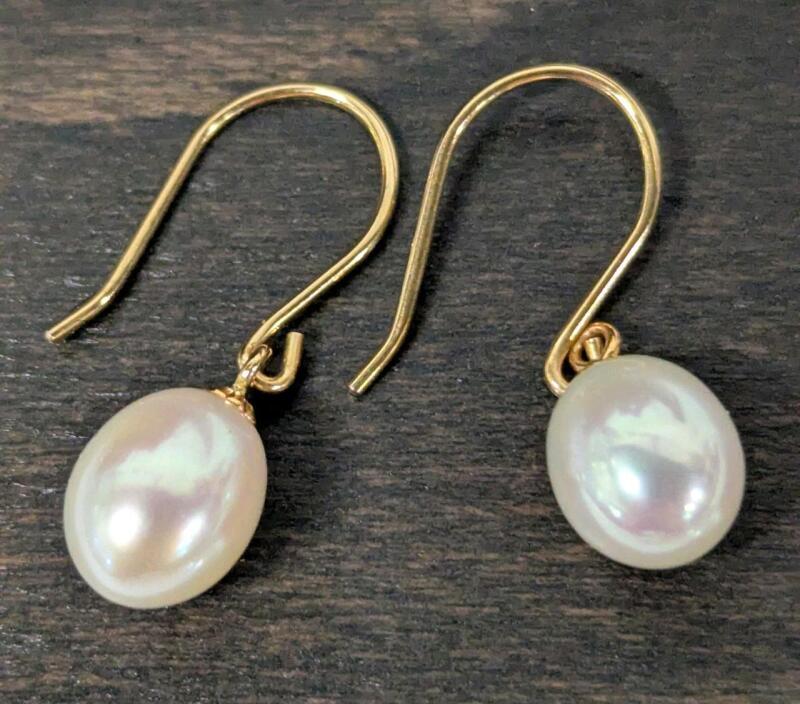 Gorgeous 10K Gold Signed MHJ Pearl Hook Earrings