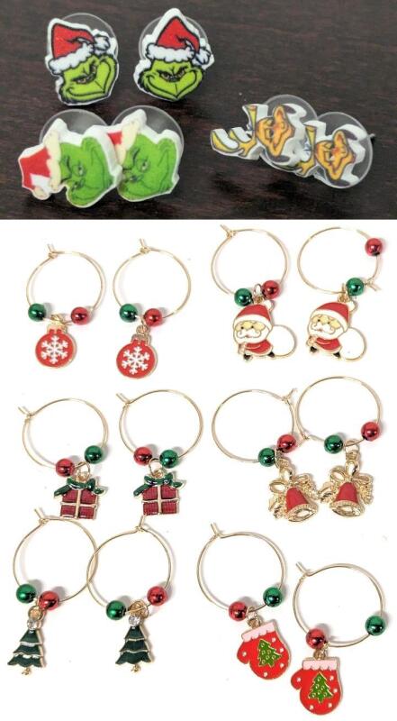 9 New Pairs Christmas Pierced Earrings : 3&times; Classic Grinch Studs & 6&times; Charmed Hoop Earrings Up To 2" Long
