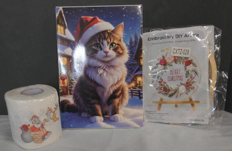 New Christmas Cat Advent Calendar, Merry Christmas Embroidery DIY Art Kit, and Funny Santa Toilet Paper