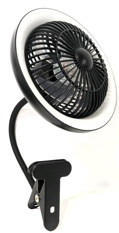 New With Crack : Black Rechargeable 3 Speed Clip-On Fan with LED Dimmable Ring Light, Tested Light & Fan Functions For Power, Rattles When Fan Running