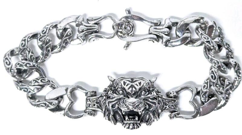 Fierce Tiger's Head Tribal Toggle Bracelet, 7" Long, Only Toggle Magnetic, Remainder Non-Magnetic, Faint Stamp On One Side of Clasp