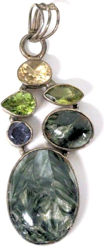 Gorgeous 2" Long Stamped 925 Sterling Silver Bezel-Set Multi-Stone Pendant
