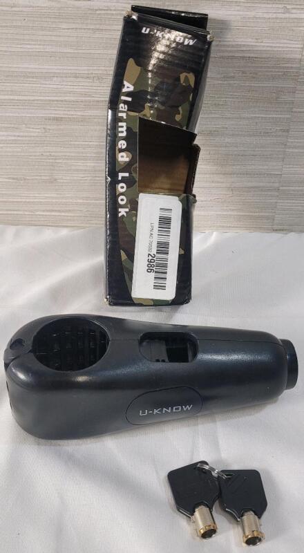 As New - U-KNOW Motorcycle Handlebar Lock w/Alarm . Includes 2 Keys