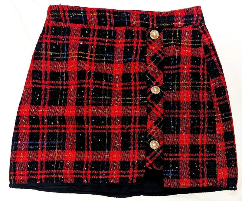 New Size SM Women's Knit Sparkly Lined Red Plaid Skirt With Scattered Sequins & Back Zip