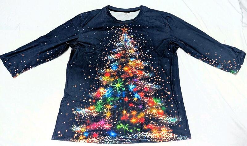 New Size 2XL Women's 3/4 Sleeve Christmas Tree Lights Graphic Top With Front & Back Print
