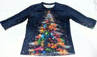 New Size 2XL Women's 3/4 Sleeve Christmas Tree Lights Graphic Top With Front & Back Print
