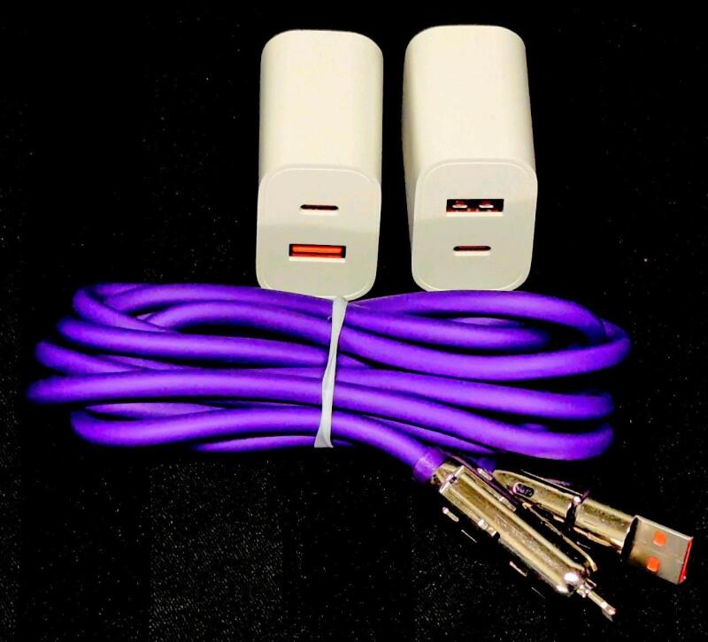 2 New Dual USB-A & USB-C 110-127V Wall Chargers & 2M Long Convertible Silicone Lightning / USB-C to USB-A / USB-C Charging Cable