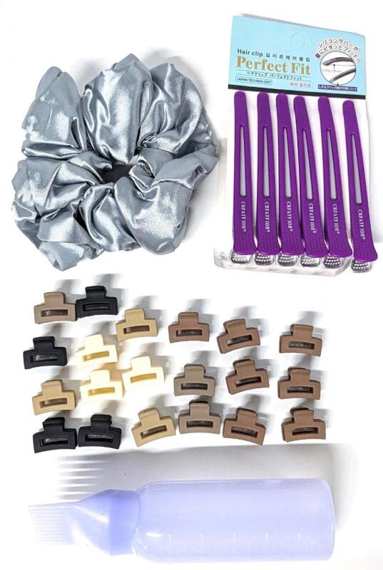 New Hair Supplies: Giant Satin Scrunchie, 20 Small Alligator Hair Clips, 6 Japanese Hair Clips 4.5" Long & Hair Dye Application Bottle