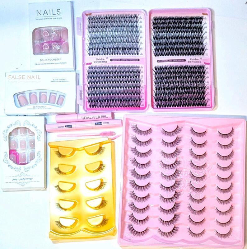 New Eyelash Extensions & False Eyelashes Incl Bond, Seal, Remover & Brush+ 3 Sets French Tip-Style False Nails (Including Hello Kitty!)