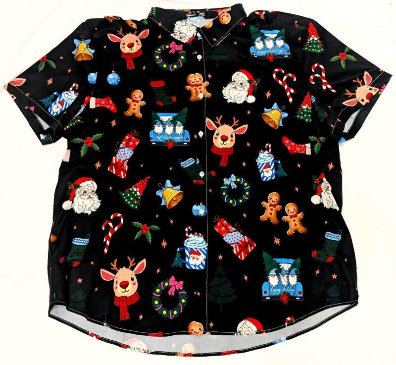New Size 4XL Men's Christmas Short-Sleeve Button-Up Shirt