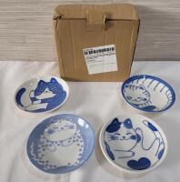 New - Set of 4 Japanese Theme Lucky Cat Sushi Plate / Bowl , measures 4" diameter