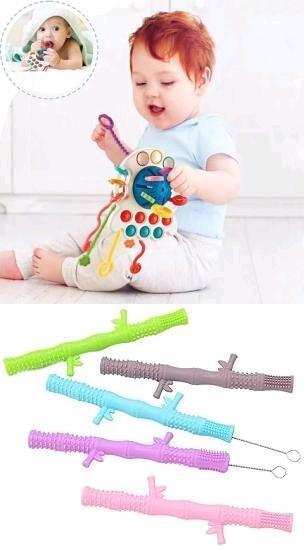 New UFO Silicone Pull-String Toy For Ages 18M+ & 5-Pack 5.75" Long Hollow Bamboo Silicone Baby Teething Tubes With 2 Cleaning Brushes