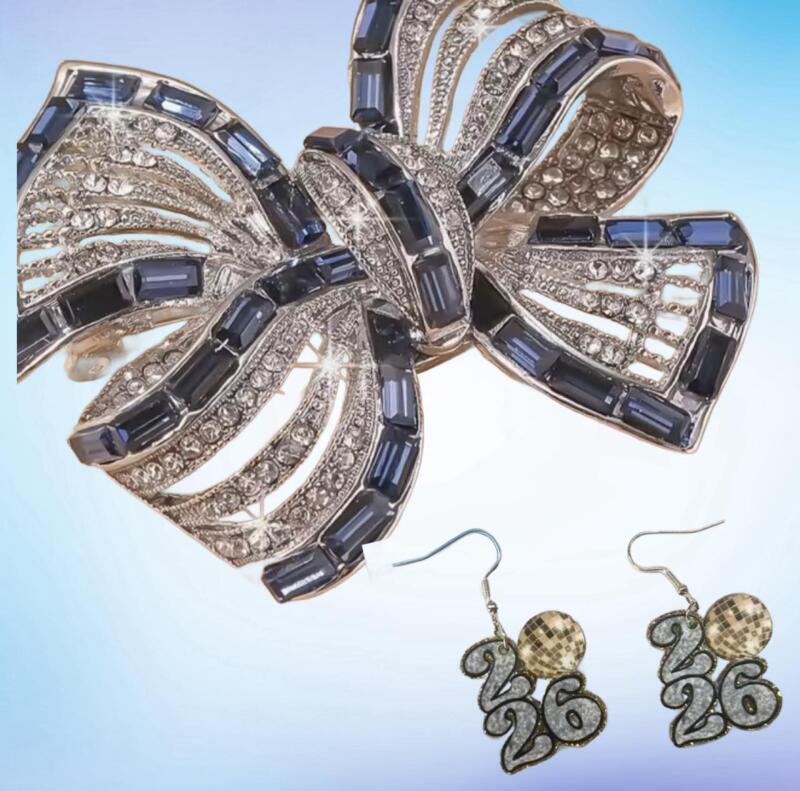 2026 Rhinestone Pierced Earrings Sparkling Sheppard Hooks / Sapphire Clear Rhinestone Bow Brooch