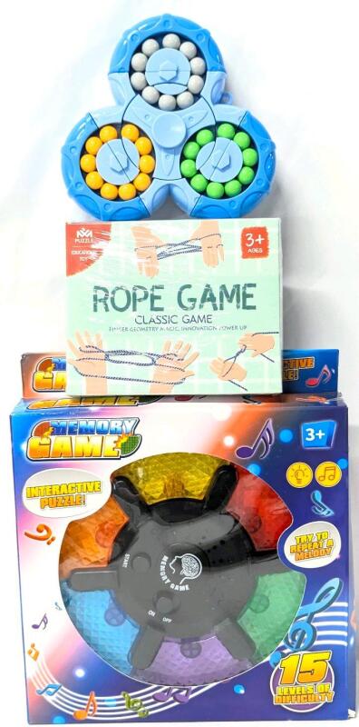 3 New Games: Electronic Simon Says-Style Music Melody Game, Classic Rope Puzzle Game, & One of Those Diabolical Ball-Swapping Games (Double-Sided) - Works As A Fidget Spinner, Too!