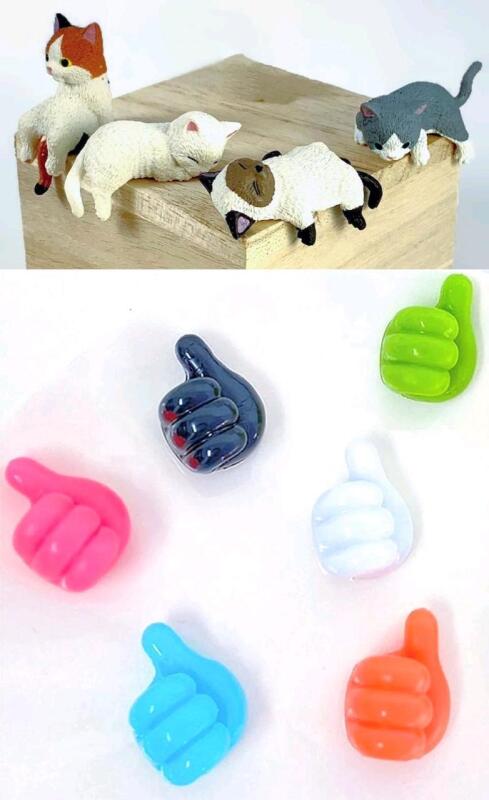 4 New Adorable Kitten Sitters For Car/Monitor/Home With Adhesive Dots (Up To 1.75" Long) & 6 New Thumbs-Up Cable / Cord Holders With Adhesive Backings