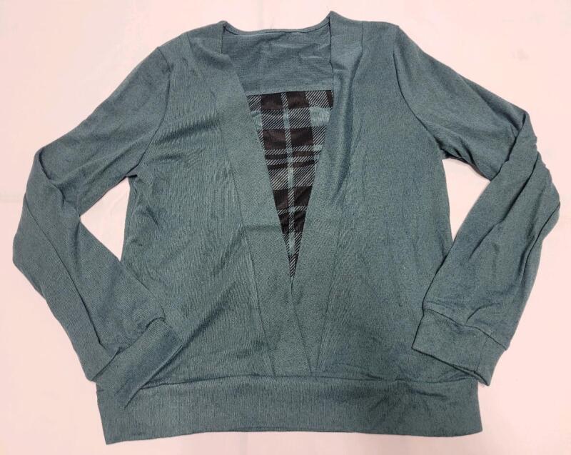 New - Women's Size Medium Shein Teal Long-Sleeve Top w/Plaid Pattern Front
