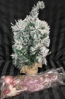 18" Tall New Artificial Flocked Christmas Tree With New Pink Ornaments