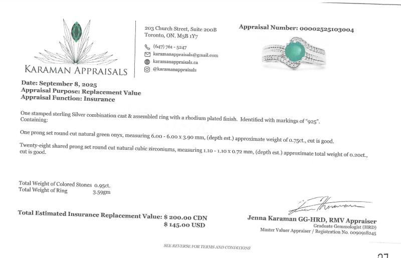 Sterling Silver Natural Green Onyx (0.75ct) with CZ (0.20ct) Ring, Size 9.25, comes with APPRAISAL $200.00.