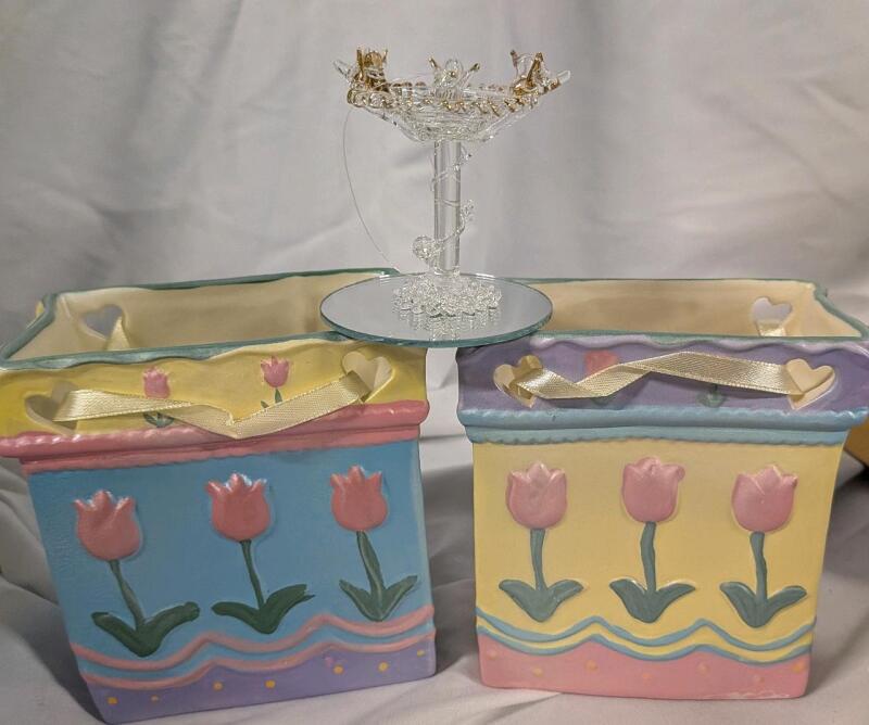 3 Decorations. 2 Borcelain gift bags and 2 Spun Glass bird Bath