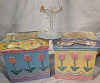3 Decorations. 2 Borcelain gift bags and 2 Spun Glass bird Bath