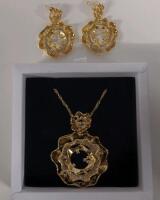14k Gold Plated 55.0mm simulated diamond 2 pc flower set with Dangle Earrings, chain 18" long