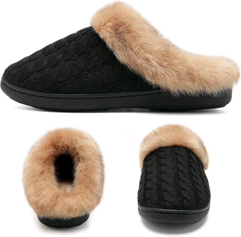 New Size 44/45 EUR Unisex Cable Knit Faux Fur Cuff Winter House Slippers